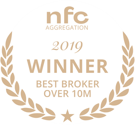 Award badge: 2019 NFC Aggregation Winner, Best Broker Over 10M, surrounded by laurel wreaths.