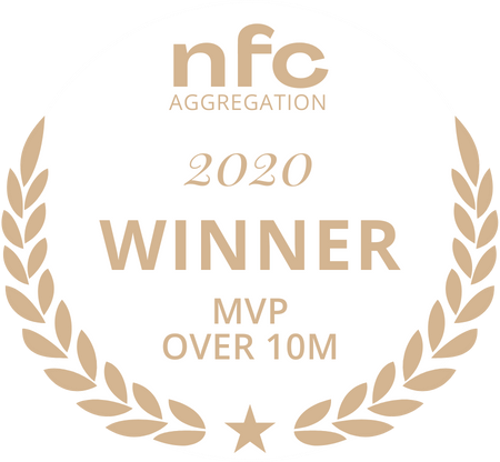 Circular gold award badge: 2020 Winner MVP over 10M, by NFC Aggregation, flanked by gold laurel branches.