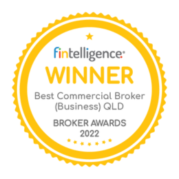 Circular gold winner badge displaying the word WINNER and text 'Best Commercial Broker (Business) QLD' for Broker Awards 2022.