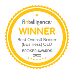 Gold-and-white winner badge reading 'Finntelligence WINNER Best Overall Broker (Business) QLD Broker Awards 2022'
