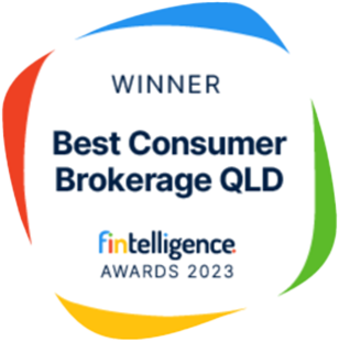 Award badge stating 'Winner Best Consumer Brokerage QLD' with 'Fin Intelligence Awards 2023' and multicolor curved arcs.