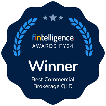 Award badge: 'Winner' for Best Commercial Brokerage QLD, Fintech Intelligence Awards FY24, with blue laurel wreaths on a dark blue scalloped badge.