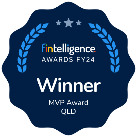 Award badge indicating the winner of the MVP Award, QLD, from Fin intelligence Awards FY24, with laurel wreaths and stars.