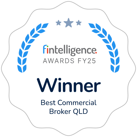 Award badge reading 'Winner' for Best Commercial Broker QLD, with blue laurel branches and 'fintelligence Awards FY25' text.