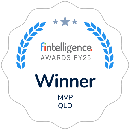 Award badge: 'Winner MVP QLD' for fintelligence Awards FY25, flanked by blue laurel branches.